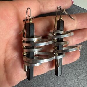 Black and Silver Metal Geometric Dangle Statement Earrings